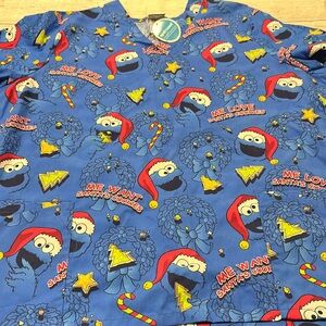 Womens nurses scrub top Cookie Monster Christmas print by Sesame Street size 2x